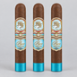Three brown cigars standing upright side by side on a light gray background. Each cigar has a decorative label with gold, blue, and white details, and a bright blue band near the bottom.