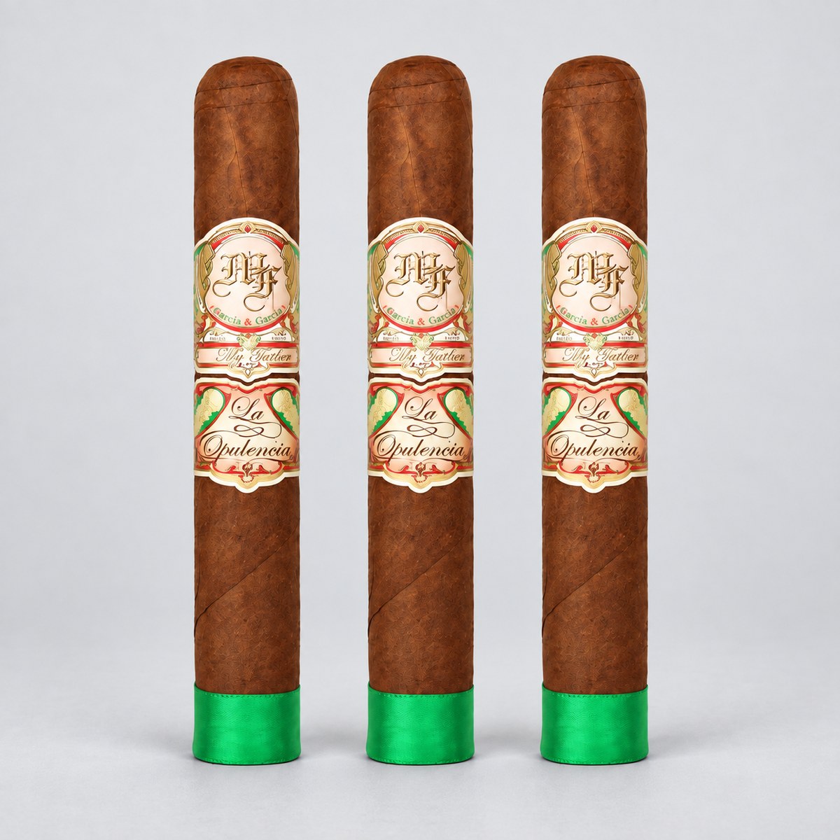 Three brown cigars with ornate cream, red, and green labels reading 'Hjf La Quintencia' stand upright on a light gray background.
