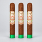 Three brown cigars with ornate cream, red, and green labels reading 'Hjf La Quintencia' stand upright on a light gray background.