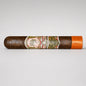 A single dark brown cigar with a detailed multicolor paper band and a bright orange tip, displayed horizontally on a light gray background.