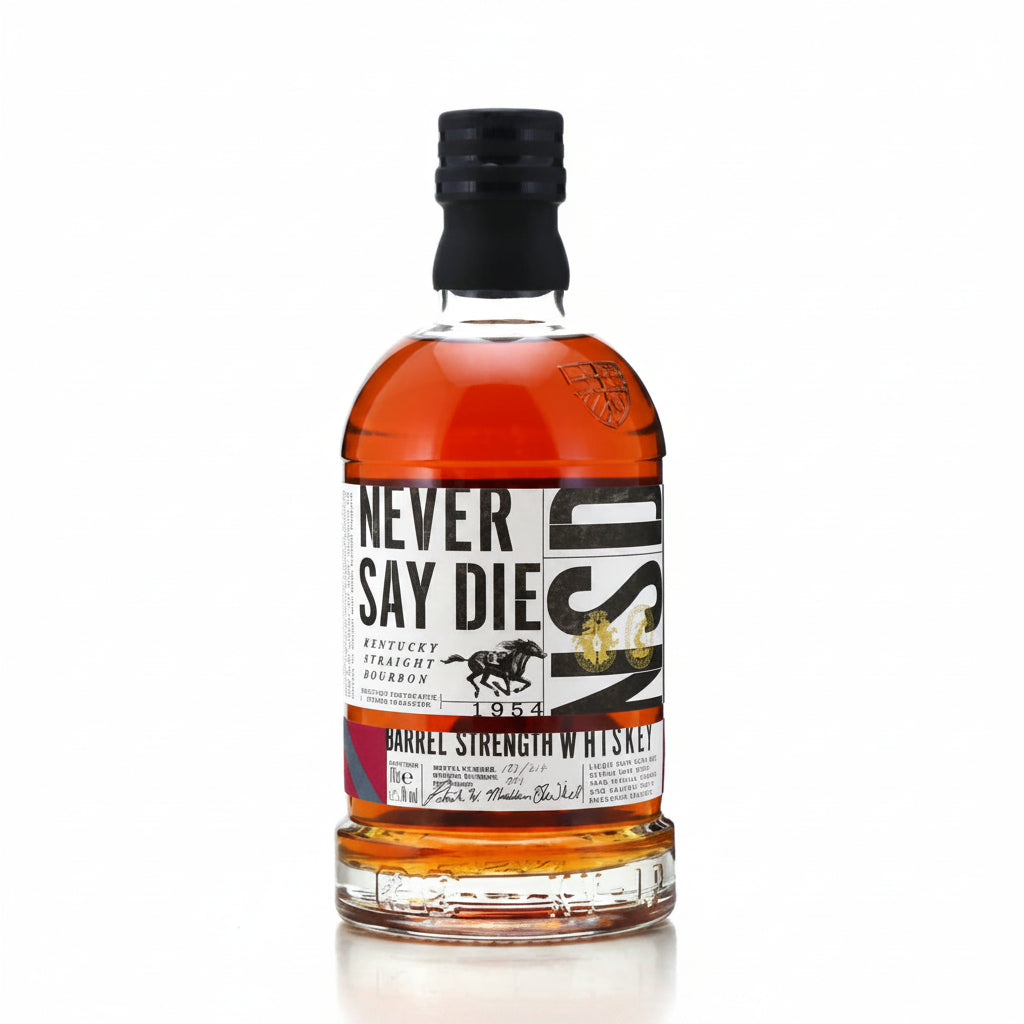 Bottle of 'Never Say Die' whiskey on a white background