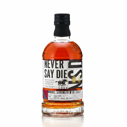 Bottle of 'Never Say Die' whiskey on a white background