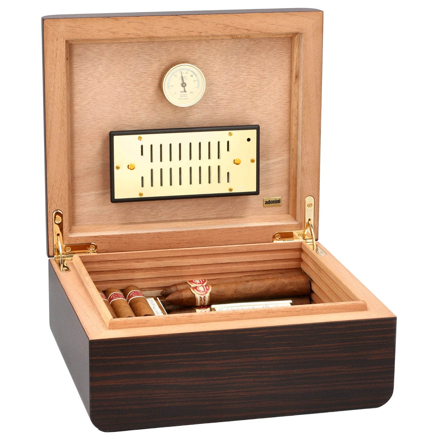 Wooden humidor with cigars and a hygrometer on a white background