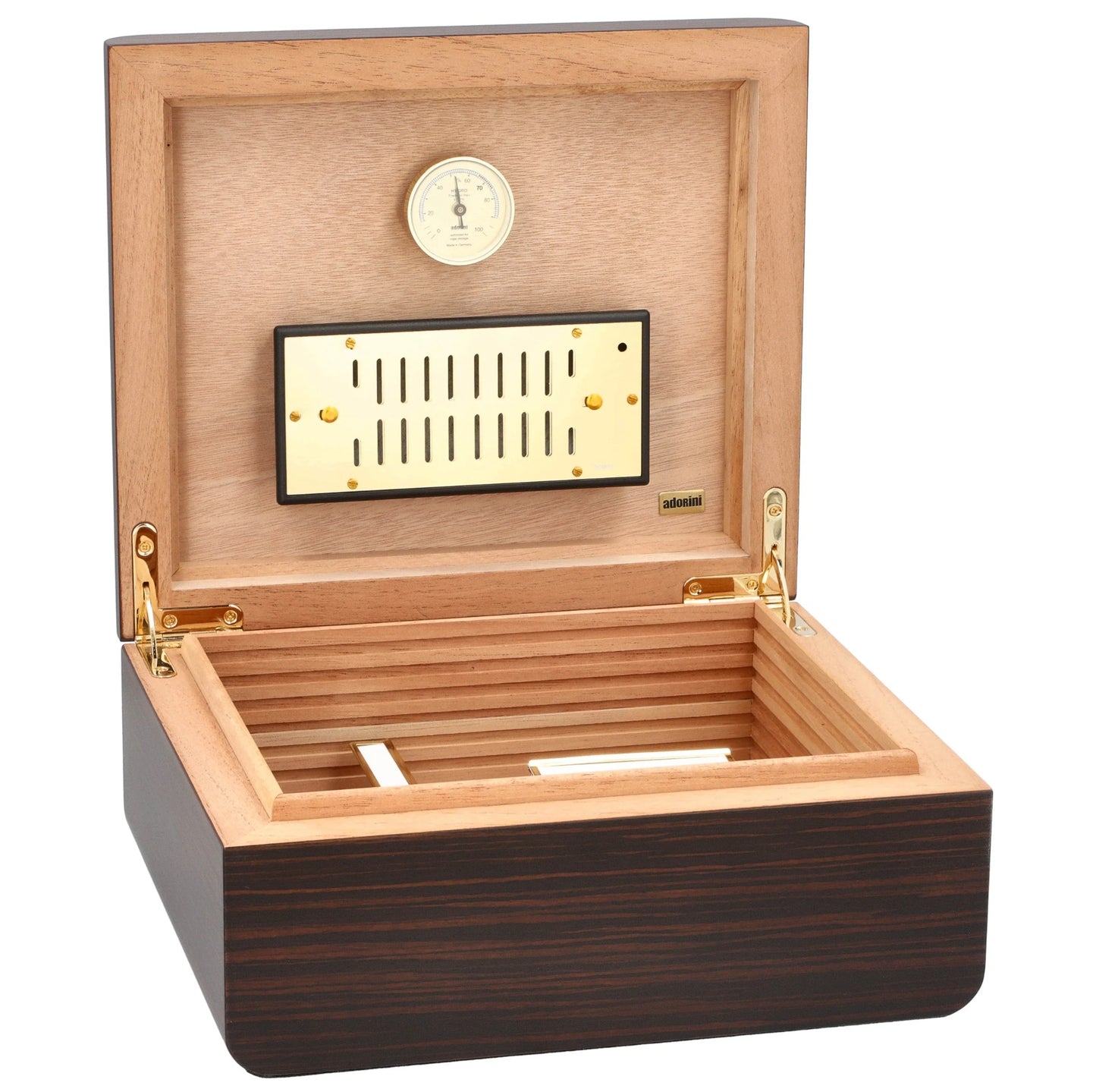 Wooden humidor with a wooden lid and dark wood base on a white background