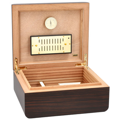 Wooden humidor with a wooden lid and dark wood base on a white background