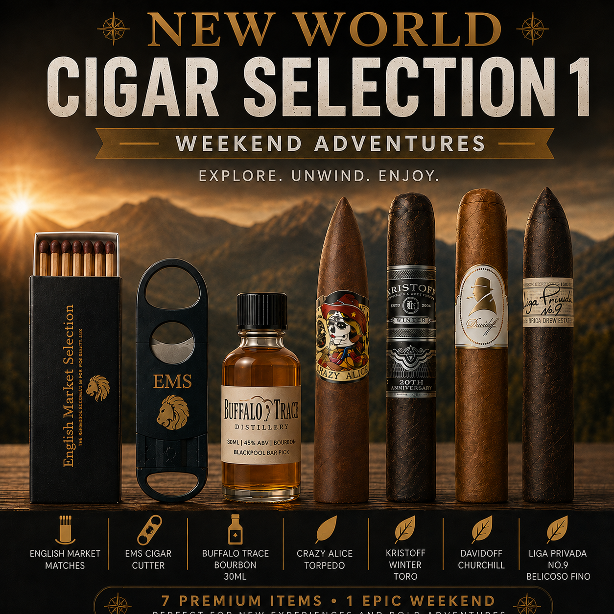 Promotional graphic for a cigar selection set featuring a matchbox, cutter, tumbler, and five cigars against a mountain sunset background. Large text reads 'NEW WORLD CIGAR SELECTION 1' and 'WEEKEND ADVENTURES'.