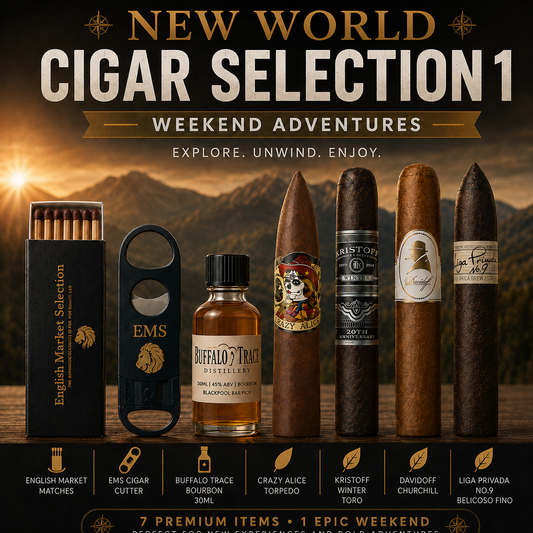 Promotional graphic for a cigar selection set featuring a matchbox, cutter, tumbler, and five cigars against a mountain sunset background. Large text reads 'NEW WORLD CIGAR SELECTION 1' and 'WEEKEND ADVENTURES'.