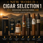 Promotional graphic for a cigar selection set featuring a matchbox, cutter, tumbler, and five cigars against a mountain sunset background. Large text reads 'NEW WORLD CIGAR SELECTION 1' and 'WEEKEND ADVENTURES'.