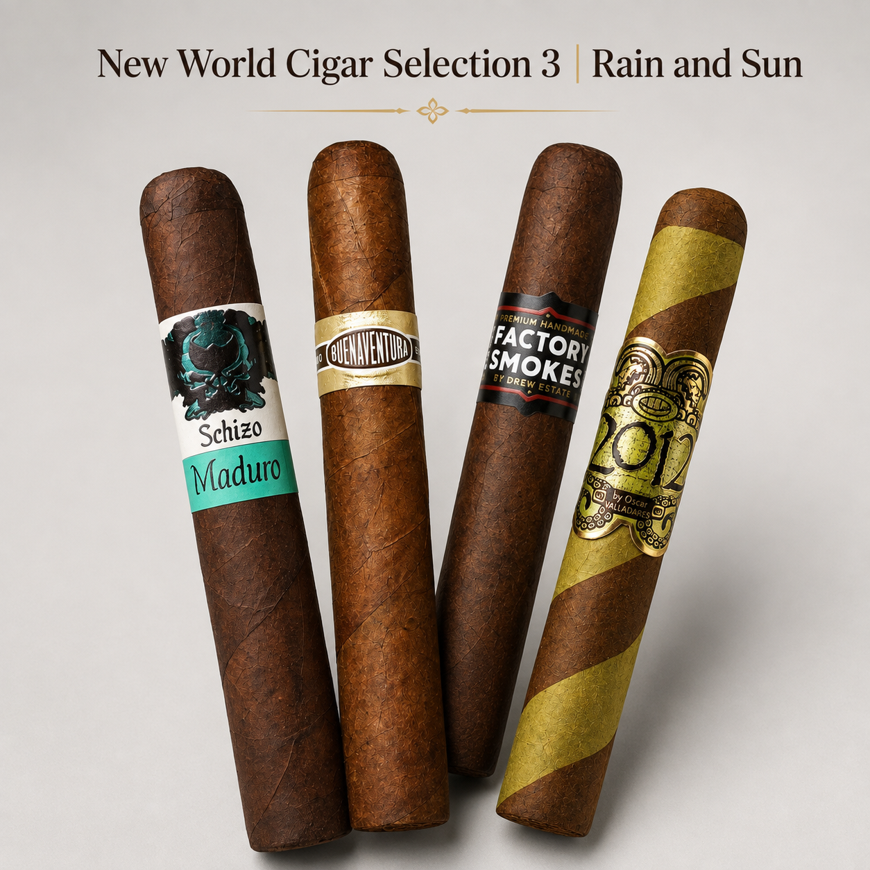 Four cigars arranged upright on a light gray background under the text 'New World Cigar Selection 3 | Rain and Sun.' The cigars are dark brown with decorative bands in black, gold, teal, and cream.