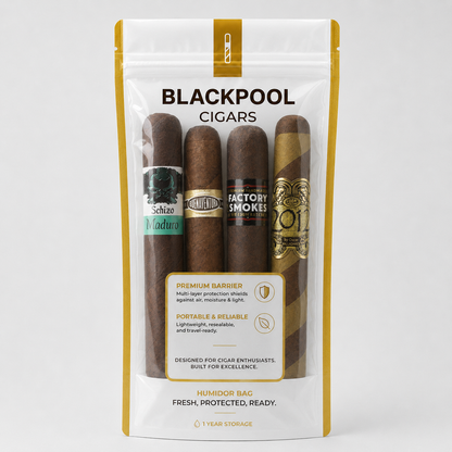 A Blackpool Cigars humidor bag containing four cigars, shown on a clean light gray background. The white and gold pouch features the Blackpool Cigars branding and displays the cigars inside through a clear window.