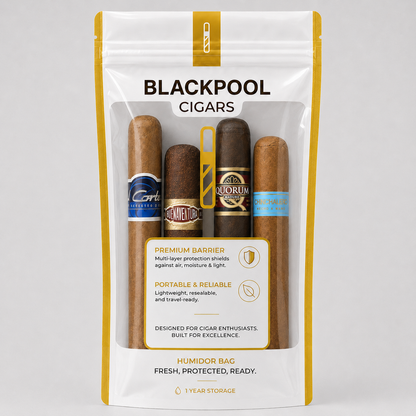 A Blackpool Cigars humidor bag containing four cigars, shown on a light gray background. The packaging is white with gold accents and features the brands: Cortes, Antico, Quorum, and Imperial.