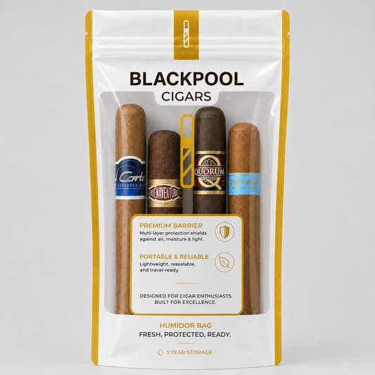 A Blackpool Cigars humidor bag containing four cigars, shown on a light gray background. The packaging is white with gold accents and features the brands: Cortes, Antico, Quorum, and Imperial.