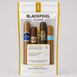 A Blackpool Cigars humidor bag containing four cigars, shown on a light gray background. The packaging is white with gold accents and features the brands: Cortes, Antico, Quorum, and Imperial.