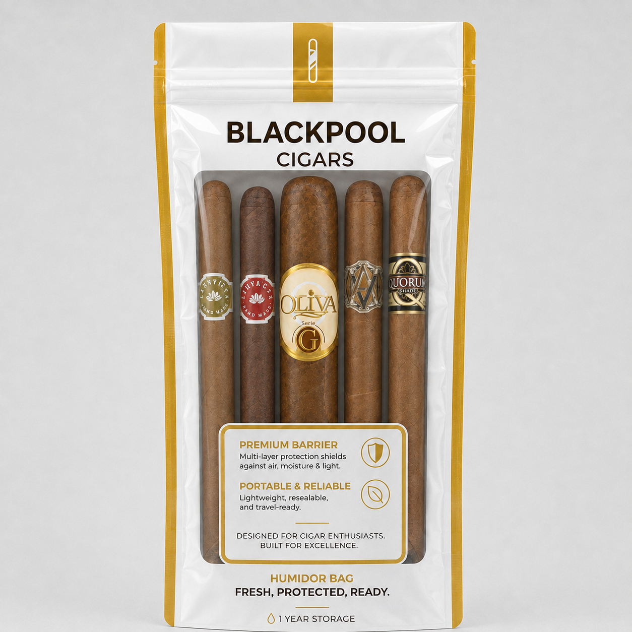 A 5-pack of Blackpool Cigars in a white and gold resealable humidifier pouch, showing the cigars through a clear window. Visible cigar brands include Oliva, Lohi, and Montblanc.