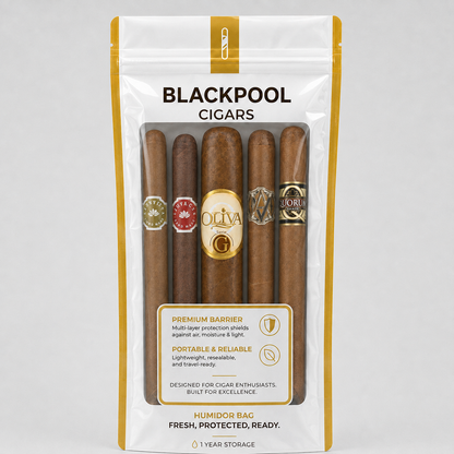 A 5-pack of Blackpool Cigars in a white and gold resealable humidifier pouch, showing the cigars through a clear window. Visible cigar brands include Oliva, Lohi, and Montblanc.