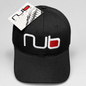 A black baseball cap with a white and red embroidered 'nub' logo on the front, featuring a white hangtag with the same logo, photographed on a light gray background.