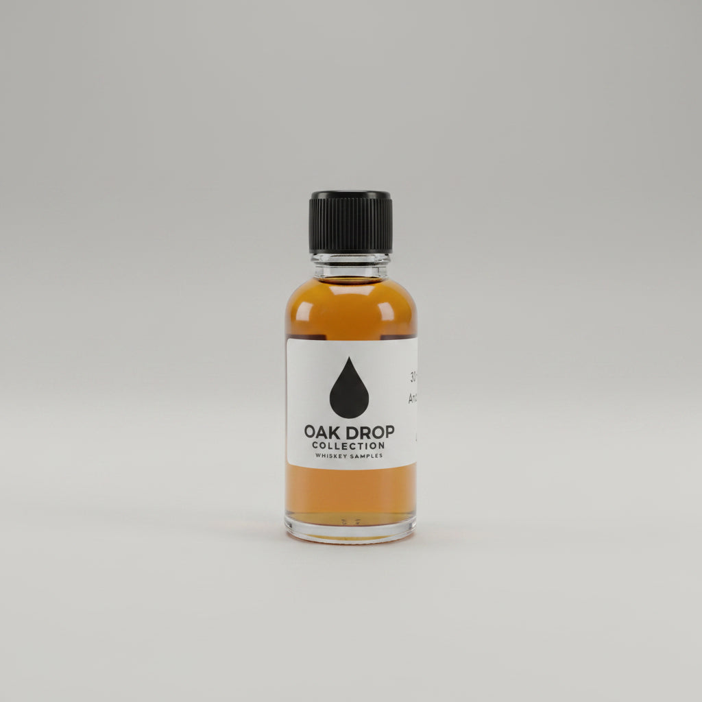 Oak Drop Collection Whiskey Samples 30ml Glass bottle on white studio background