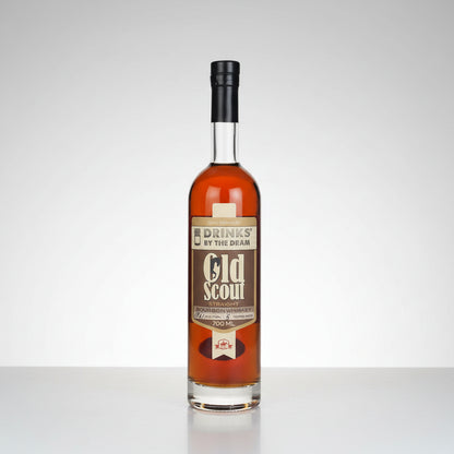 A bottle of Old Scout Straight Bourbon Whiskey with amber liquid, a brown label, and a black cap, shown on a white background with a reflection.