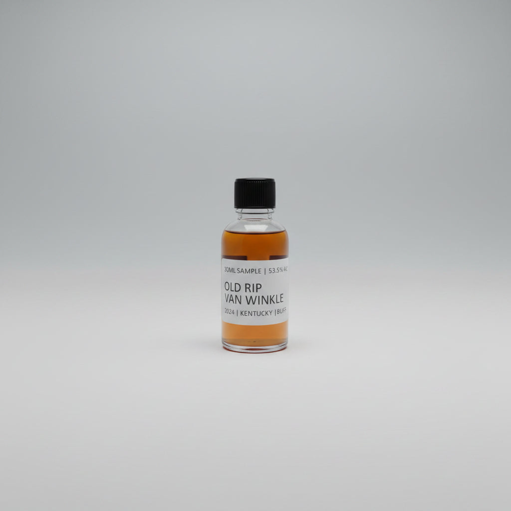 Bottle of Old Rip Van Winkle whiskey on a reflective surface with blurred background