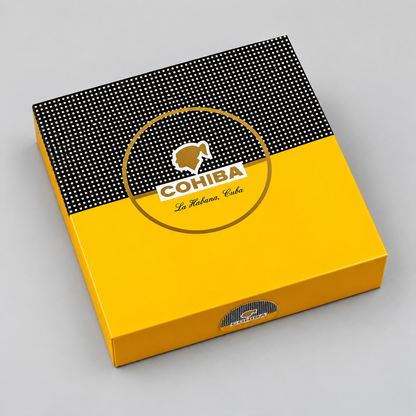 A square COHIBA cigar box in yellow and black, photographed at an angle on a neutral gray background. The top half of the lid is black with a white dotted pattern, and the bottom half is solid yellow.