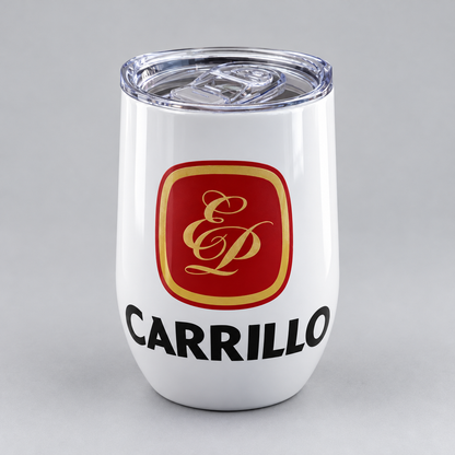 A white insulated stemless wine tumbler with a clear lid, featuring a red and gold Carrillo logo and the brand name 'CARRILLO' printed in black below.