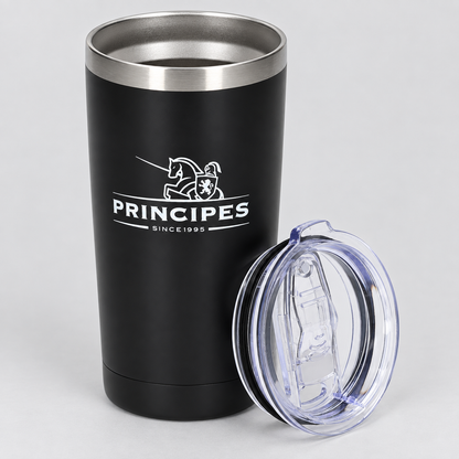 A matte black insulated travel tumbler with a stainless steel rim, featuring a white printed Principes logo on the front. A clear plastic lid with a clear silicone straw insert is shown beside it on a light gray background.
