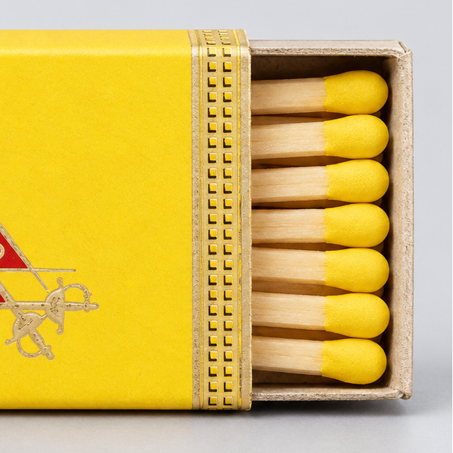 A yellow matchbox with a red and gold Monte Cristo Habana logo, shown open with wooden matches and yellow tips on a light gray background.