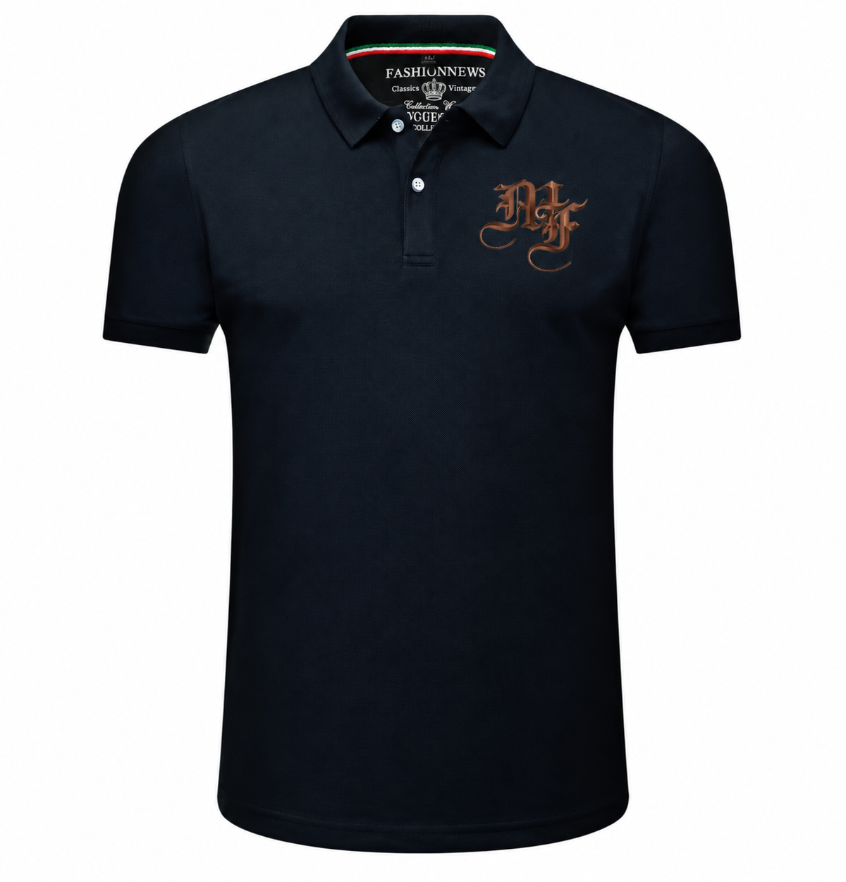 A black short-sleeve polo shirt with a brown embroidered monogram on the left chest, displayed on a clean white background.