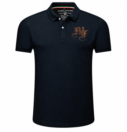 A black short-sleeve polo shirt with a brown embroidered monogram on the left chest, displayed on a clean white background.