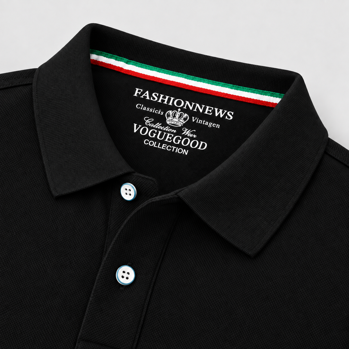 Close-up of a black polo shirt collar with white buttons and a green, white, and red striped inner neck trim. The inside collar is printed with 'FASHIONNEWS' and 'VOGUEGOOD Collection' text.