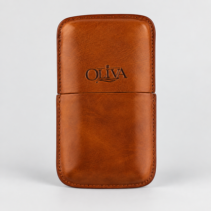 A brown leather card case with a fold-over flap, featuring the brand name 'OLIVA' embossed on the front, set against a light gray background.