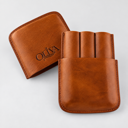 A brown leather card holder wallet shown open with three card slots, alongside its matching closed cover embossed with the brand name OLKA, on a light gray background.