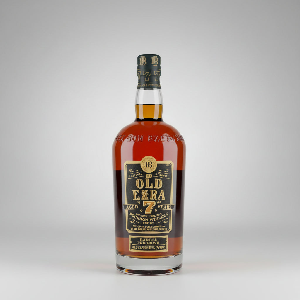 A bottle of Old Ezra 7 Years Bourbon Whiskey standing on a wooden surface against a plain light background.