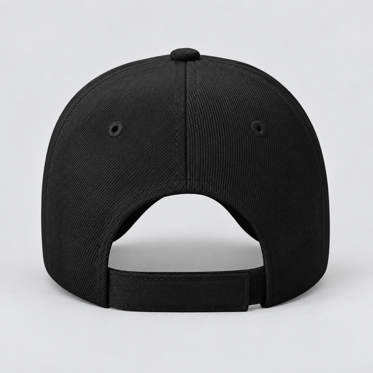 The back view of a black structured baseball cap with an adjustable strap, shown on a light gray background.
