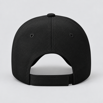 The back view of a black structured baseball cap with an adjustable strap, shown on a light gray background.