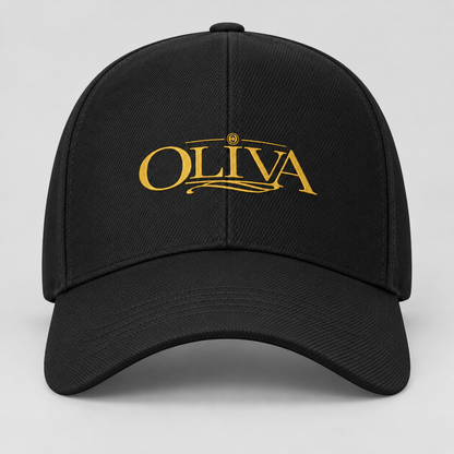 A black baseball cap with a curved brim, featuring the word 'OLIVA' embroidered in gold on the front, set against a light gray background.