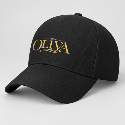 A black baseball cap with 'OLIVA' embroidered in gold on the front, set against a light gray background.