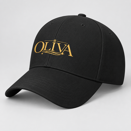 A black baseball cap with 'OLIVA' embroidered in gold on the front, set against a light gray background.