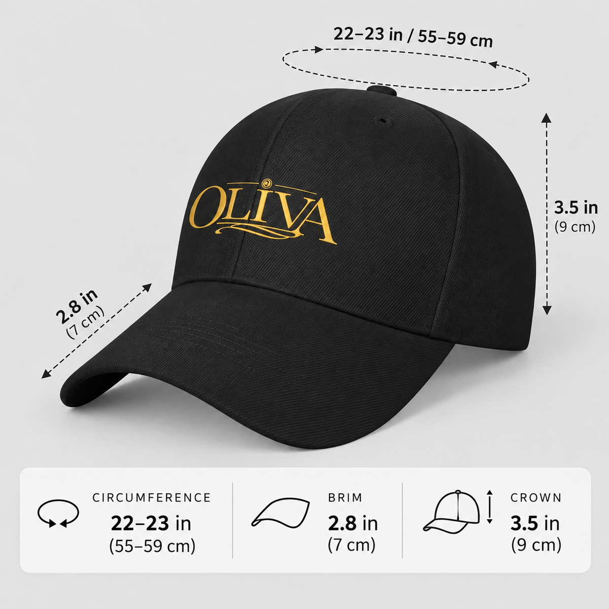 Black baseball cap with gold OLIVA logo on the front, shown with dimension callouts for circumference, brim, and crown on a light gray background.