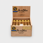 An open wooden cigar box labeled Flor de Oliva Nicaragua Toro 650, containing ten cigars with gold bands, photographed on a clean light gray background.