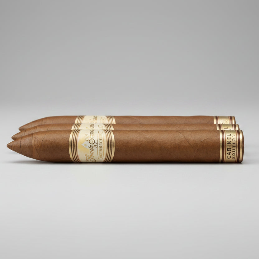 A single brown cigar with gold and cream bands, positioned horizontally on a light gray background.