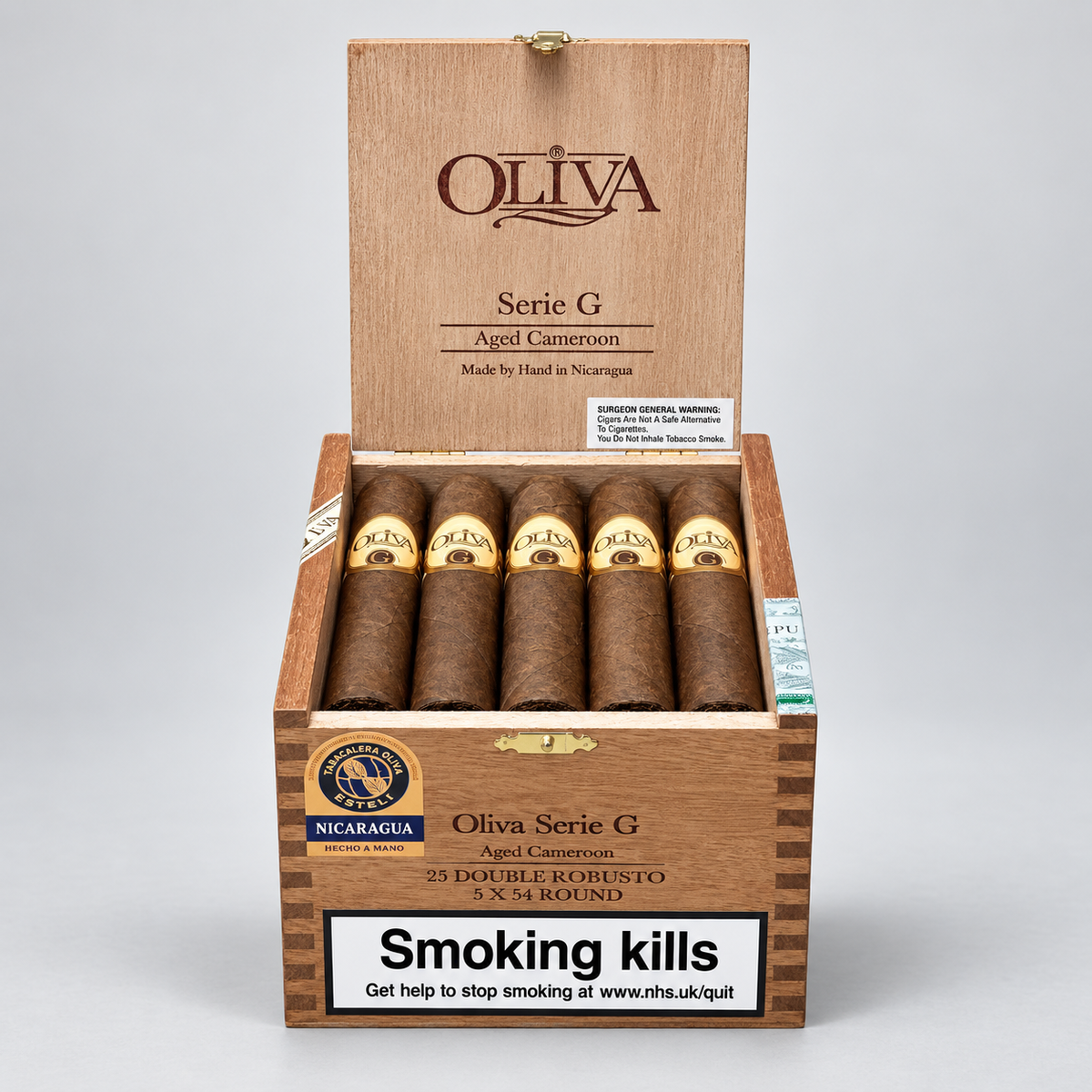 An open wooden cigar box labeled OLIVA Serie G, showing five cigars inside with gold bands, photographed on a light gray studio background.