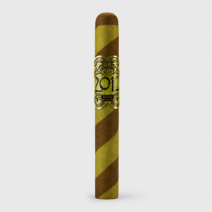 A single cigar shown upright against a light gray background. The cigar has diagonal brown and olive-green stripes with a decorative gold band featuring the text 'Cigar 201' and 'Sabor Especial'.