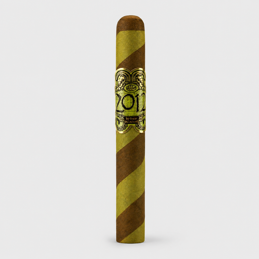 A single cigar shown upright against a light gray background. The cigar has diagonal brown and olive-green stripes with a decorative gold band featuring the text 'Cigar 201' and 'Sabor Especial'.