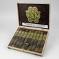 An open cigar box containing ten cigars, photographed on a light gray studio background. The box lid is open and displays a dark brown interior with a large gold and green '2012' emblem and a white health warning label.