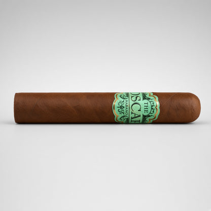 A single brown cigar with a green and gold band reading 'The Oscar Escobar', photographed horizontally against a light gray gradient background.