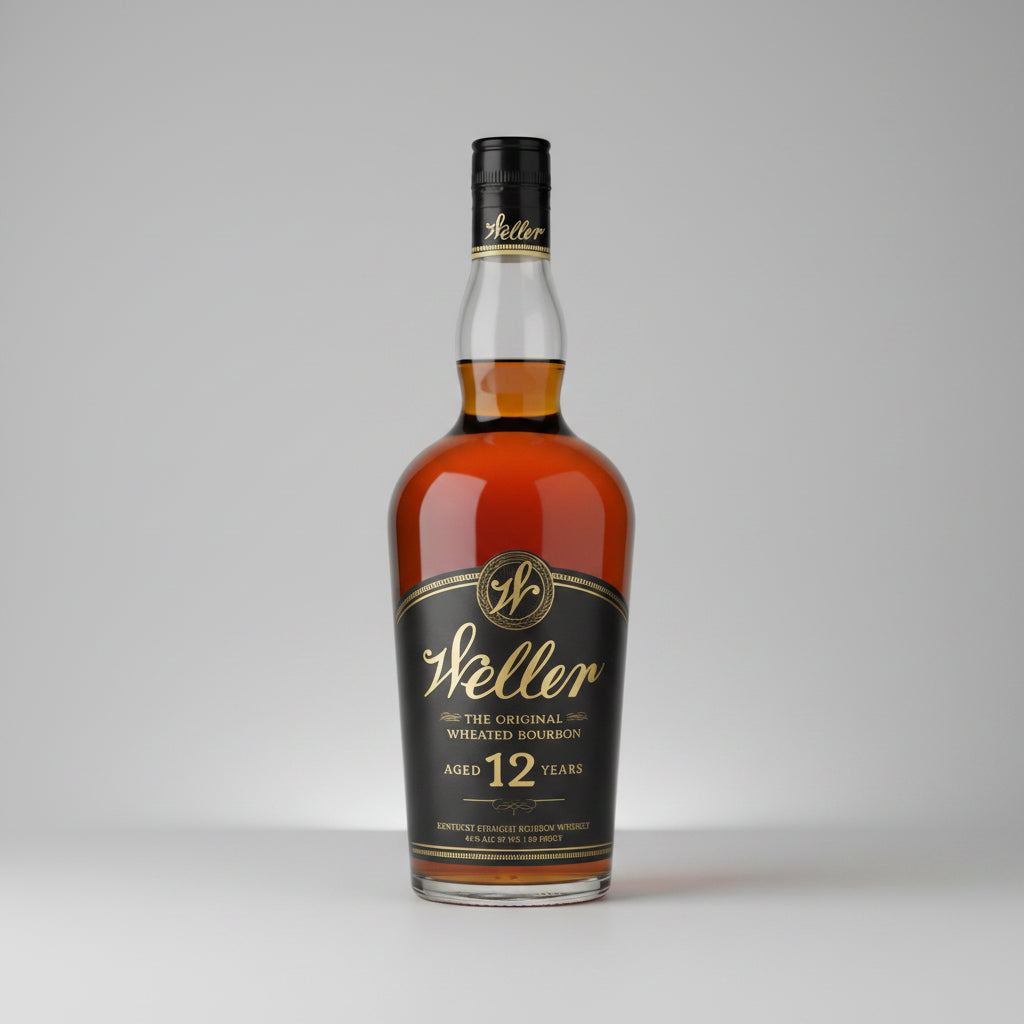 Bottle of Weller 12-year-old bourbon whiskey on a white background