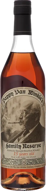 Bottle of Pappy Van Winkle's Family Reserve 15 years old bourbon with a portrait label.