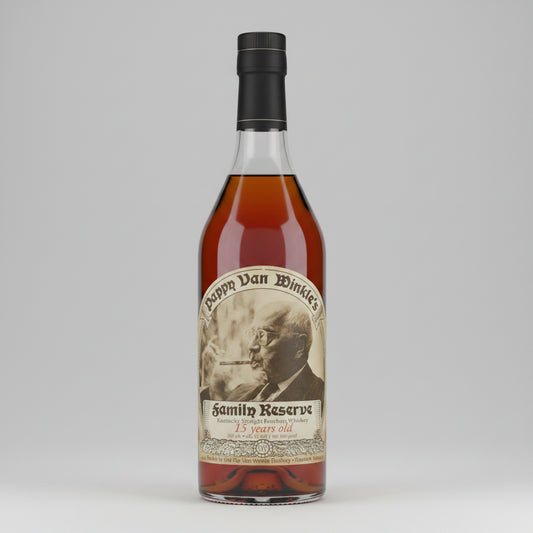 Bottle of Pappy Van Winkle's Family Reserve 15 years old bourbon with a portrait label.