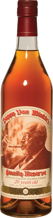 Bottle of Pappy Van Winkle's Rye Whiskey with a label featuring a portrait and text.